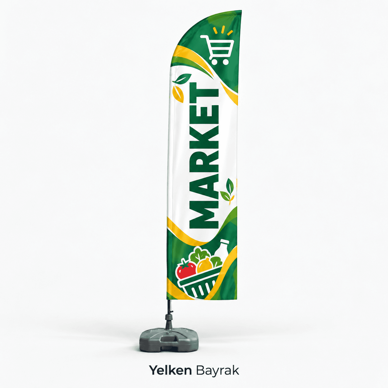 Market yazılı, alışveriş arabası ve sebze sepeti figürlü yeşil beyaz ayaklı yelken bayrak