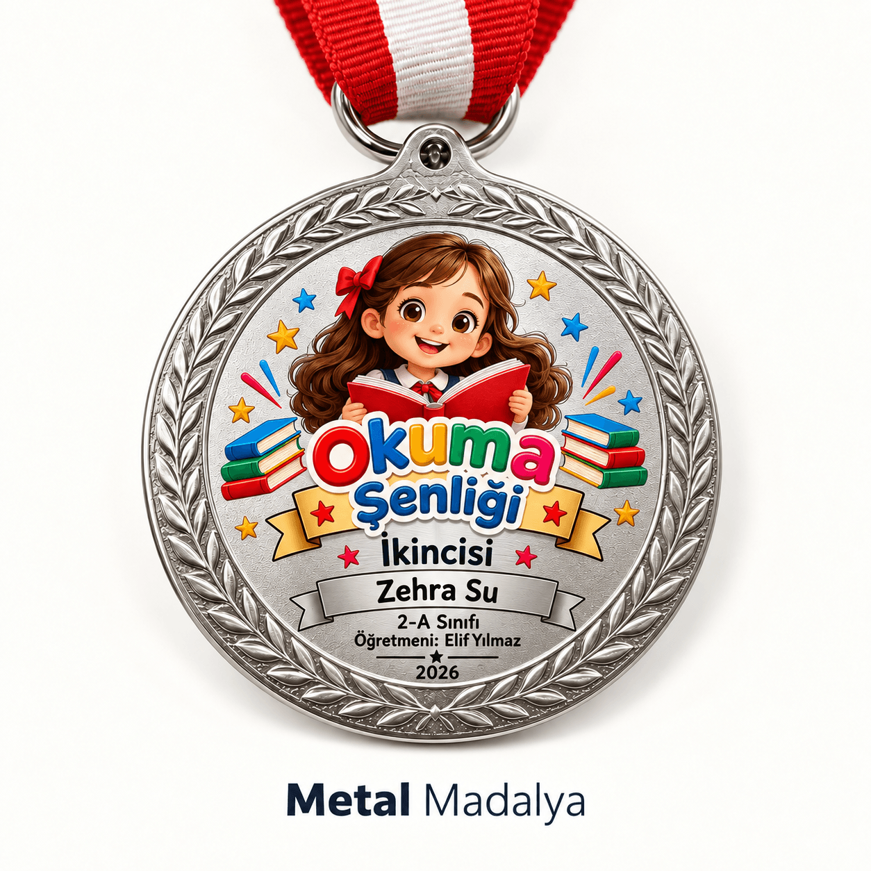 Okuma şenliği yazılı, kitap okuyan kız çocuk çizimli gümüş renk öğrenci madalyası