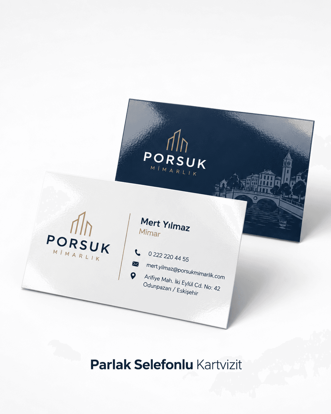 Parlak selefonlu kartvizit örneği, mimarlık ofisi tasarımı