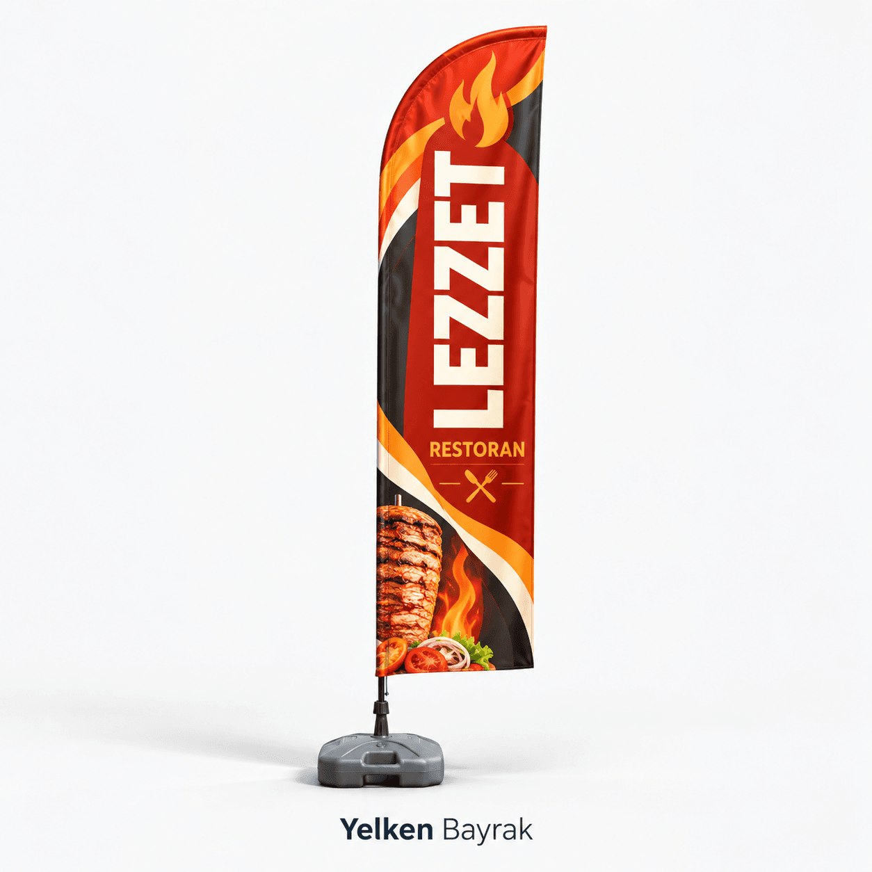 Restoran adı dikey yazılı, alev figürlü ve döner görselli kırmızı siyah ayaklı yelken bayrak