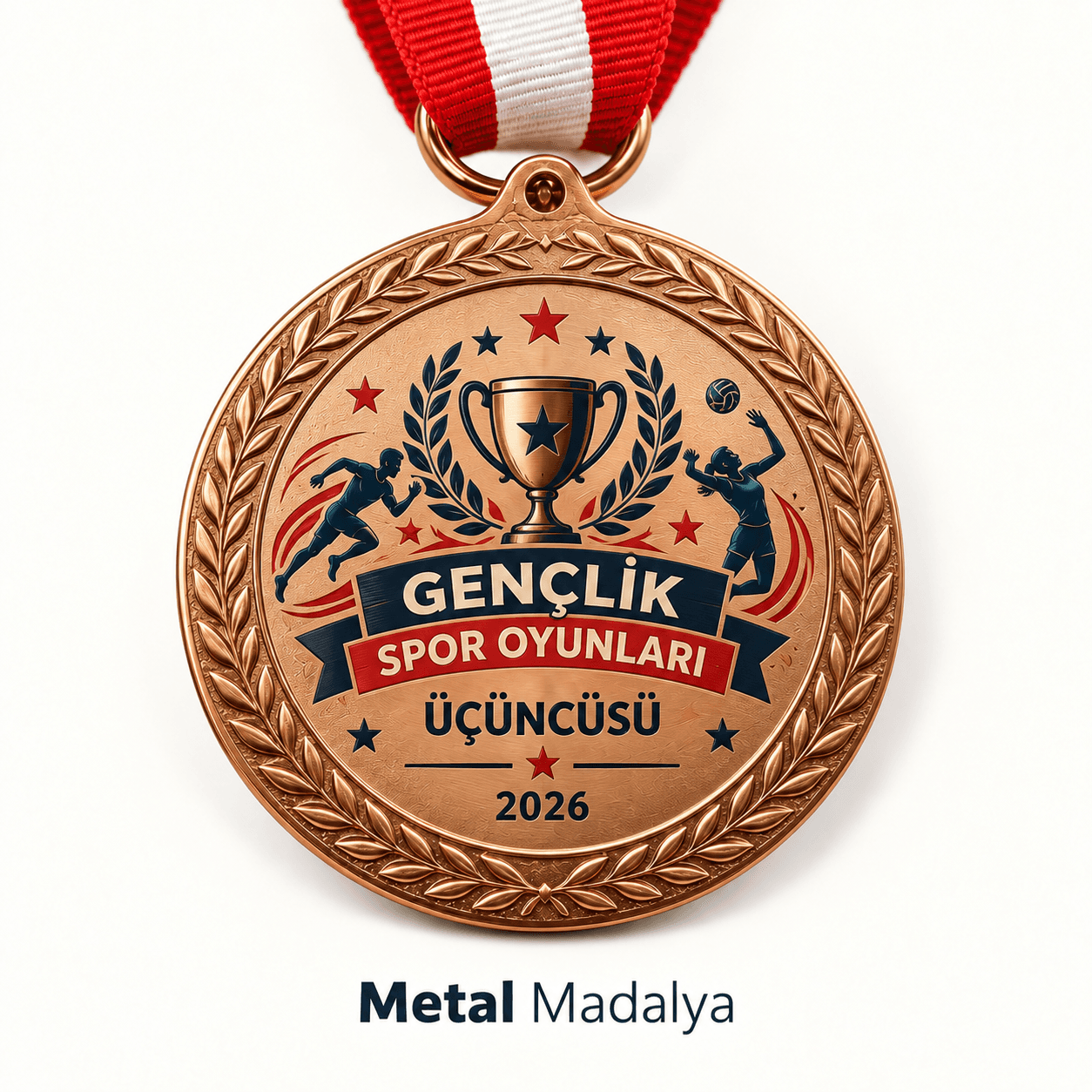 Gençlik spor oyunları üçüncüsü yazılı, kupa ve sporcu figürlü bronz renk madalya