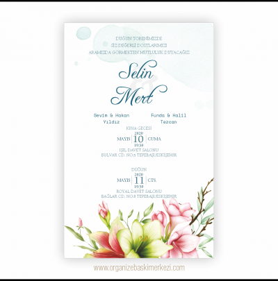 Çiçekli Şık Düğün Davetiyesi
