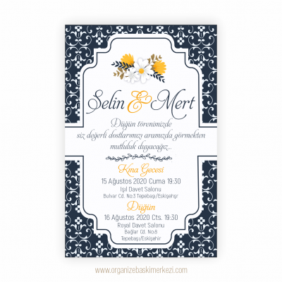 Desenli Çiçekli Düğün Davetiyesi