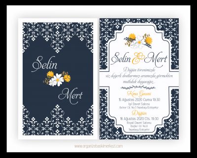 Desenli Çiçekli Şık Düğün Davetiyesi