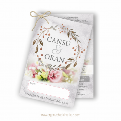 İkiz Davetiye Çiçek Mermer Düğün Davetiyesi