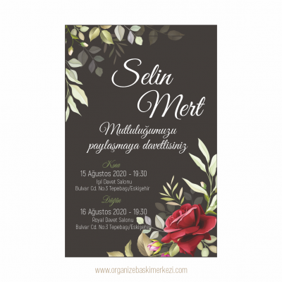 Kırmızı Gül Çiçekli Düğün Davetiyesi