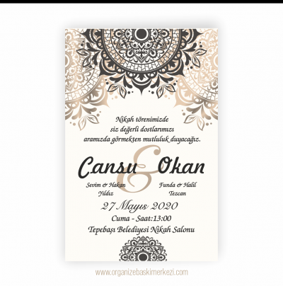 Krem Motifli Düğün Davetiyesi