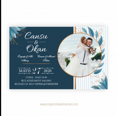 Mavi Çiçekli Fotoğraflı Düğün Davetiyesi
