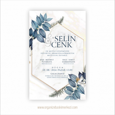 Mavi Mor Çiçekli Düğün Davetiyesi
