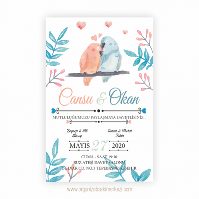Mavi Pembe Sevgili Kuşlar Düğün Davetiyesi