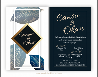 Mavi Yapraklı Şık Düğün Davetiyesi