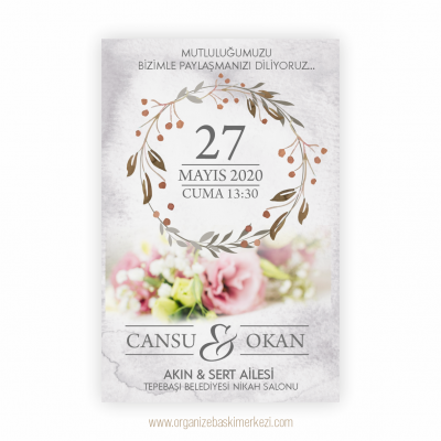 Mermer Desen Flu Çiçekli Düğün Davetiyesi