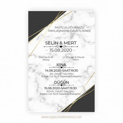 Mermer Desen Füme Düğün Davetiyesi