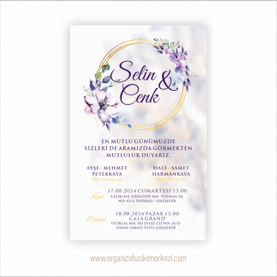 Mor Çiçekli Düğün Davetiyesi