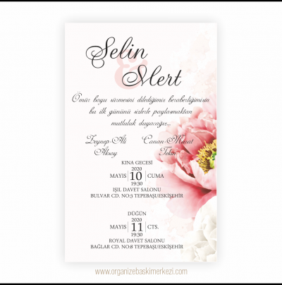 Pembe Beyaz Çiçekli Düğün Davetiyesi