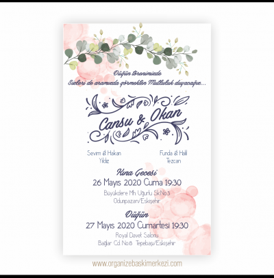 Pembe Boncuklu Düğün Davetiyesi