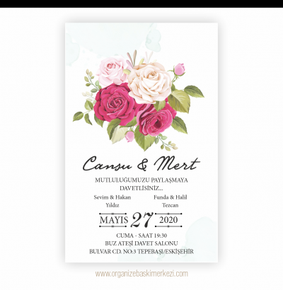 Pembe Çiçekli Düğün Davetiyesi
