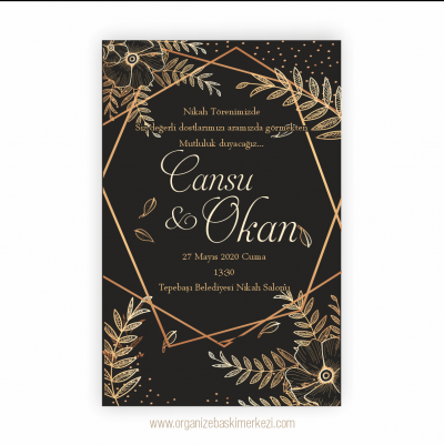 Siyah Altın Renk Çerçeveli Düğün Davetiyesi