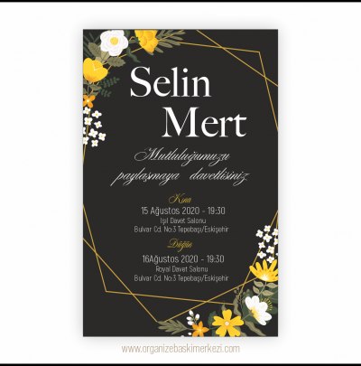 Siyah Beyaz Çiçekli Düğün Davetiyesi