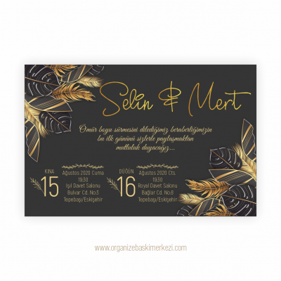 Siyah Gold Tropik Düğün Davetiyesi