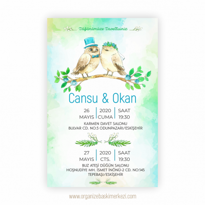 Sulu Boya Yeşil Mavi Kuşlar Düğün Davetiyesi