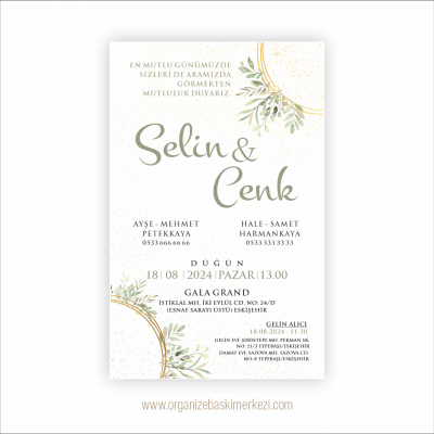 Yeşil Çiçekli Düğün Davetiyesi