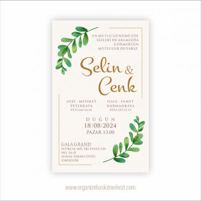Yeşil Dal Çiçekli Düğün Davetiyesi