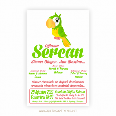 Yeşil Sevimli Papağan Sünnet Davetiye