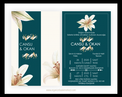 Yeşil Zemin Çiçekli Düğün Davetiyesi